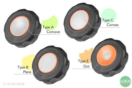 形状の異なる4つのタイプ(凹型、平面、凸型、ドット)と成形されたノブ
