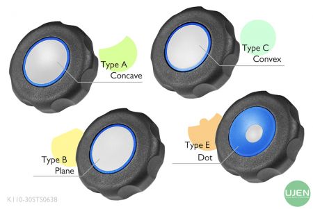 形状の異なる4つのタイプ(凹型、平面、凸型、ドット)と成形されたノブ