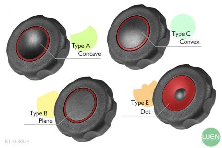 أربعة أشكال مختلفة (مقعرة، مستوية، محدبة ونقطة) مع مقابض مصممة