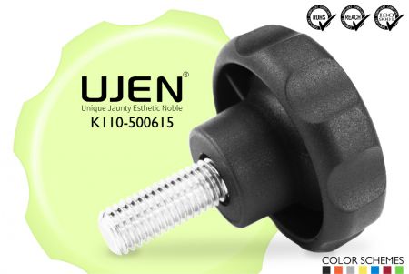 オクタゴンハンドノブねじ、M6 x 15mm、面取り端、D50 - 円形ノブ M6x15mm 面取りねじ 直径50