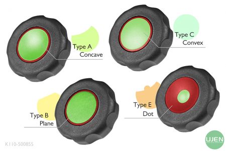 形状の異なる4つの形(凹面、平面、凸面、点)と形状のノブ