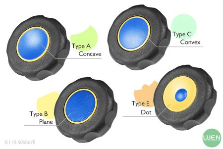 形状の異なる4つの形（凹、平面、凸、点）を持つノブ