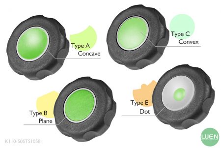 形状の異なる4つのタイプ(凹型、平面、凸型、ドット)と成形ノブ