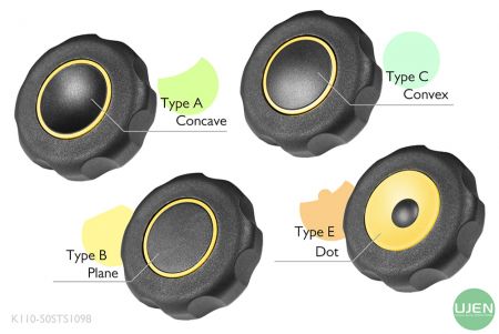 形状の異なる4つのタイプ(凹型、平面、凸型、ドット)と成形ノブ