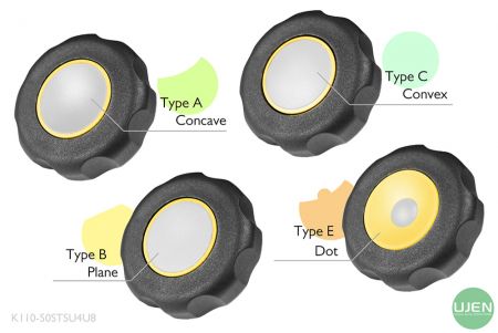 凹型、平面、凸型、ドットの4つの異なる形状のノブ