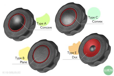 形状の異なる4つのタイプ（凹型、平面、凸型、ドット）と形状付きノブ