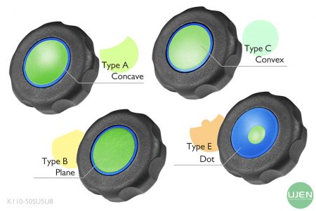 形状の異なる4つのタイプ(凹型、平面、凸型、ドット)と形状付きノブ