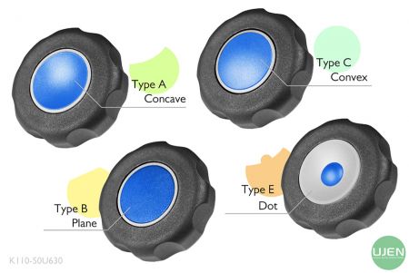 形状の異なる4つの形（凹、平面、凸、点）と形状付きノブ