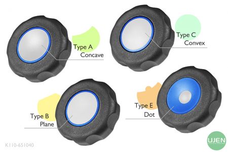 形状の異なる4つのタイプ（凹面、平面、凸面、ドット）を持つノブ