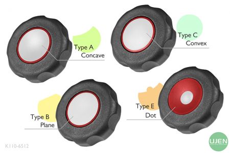 Cuatro formas diferentes (cóncava, plana, convexa y punto) con pomos moldeados.
