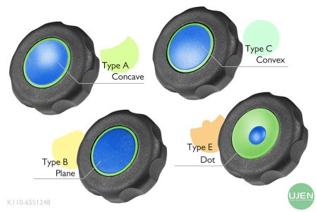 形状の異なる4つのタイプ(凹型、平面、凸型、ドット)と形状付きノブ