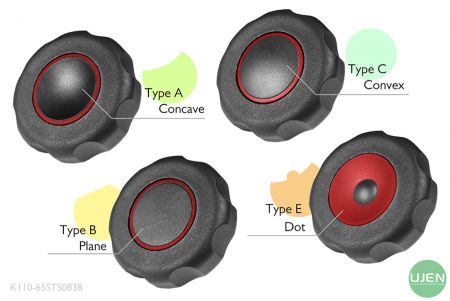 形状の異なる4つのタイプ（凹型、平面、凸型、ドット）と形状付きノブ