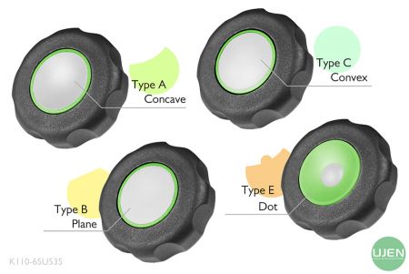形状の異なる4つのノブ(凹面、平面、凸面、ドット)