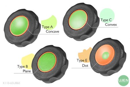Four different shapes (concave, plane, convex and dot) with shaped knobs
