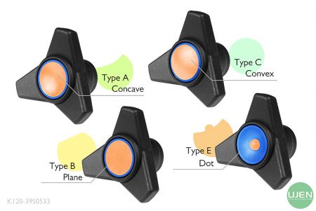 Four different shapes (concave, plane, convex and dot) with shaped knobs