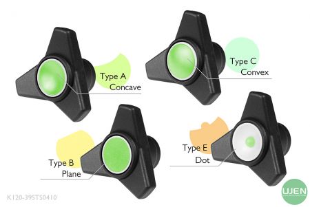 Four different shapes (concave, plane, convex and dot) with shaped knobs
