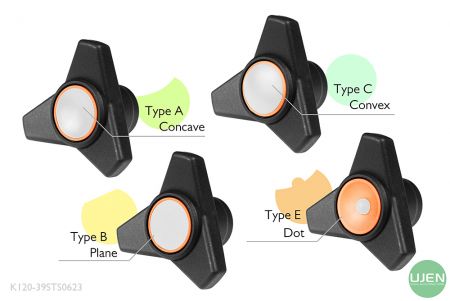 Quatre formes différentes (concave, plane, convexe et point) avec des boutons en forme.