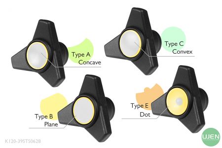 Quatre formes différentes (concave, plane, convexe et point) avec des boutons en forme.