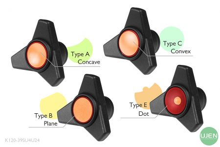 形状の異なる4つのタイプ（凹面、平面、凸面、ドット）と形状付きノブ