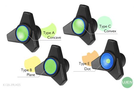 Four different shapes (concave, plane, convex and dot) with shaped knobs