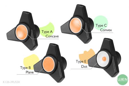 Four different shapes (concave, plane, convex and dot) with shaped knobs