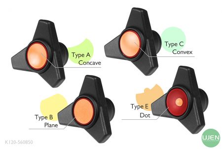 形状の異なる4つのタイプ(凹面、平面、凸面、ドット)と形状付きノブ