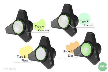 Four different shapes (concave, plane, convex and dot) with shaped knobs
