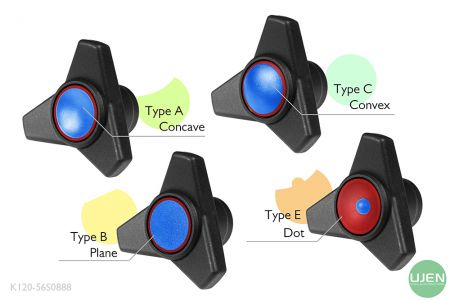 形状の異なる4つのタイプ(凹面、平面、凸面、ドット)と成形されたノブ