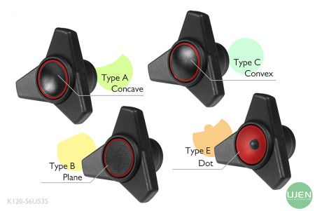 形状の異なる4つのノブ(凹面、平面、凸面、点)