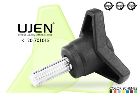 三つ腕ハンドノブネジ、M10 x 15mm、面取り端、D70 - 三つ腕ノブ M10x15mm 面取りネジ 直径70