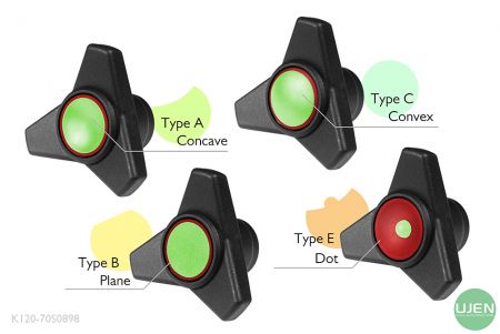 形状の異なる4つのタイプ（凹型、平面、凸型、ドット）と形状付きノブ