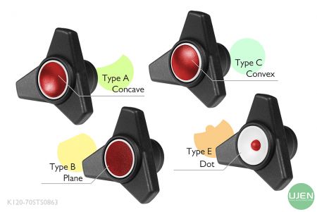 Four different shapes (concave, plane, convex and dot) with shaped knobs