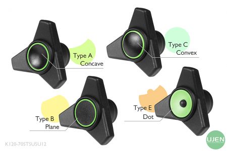 形状の異なる4つのタイプ(凹型、平面、凸型、点)を持つノブ