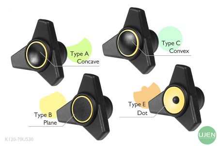 形状の異なる4つのタイプ(凹面、平面、凸面、ドット)と形状付きノブ