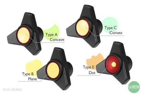 形状の異なる4つのタイプ（凹面、平面、凸面、ドット）と形状付きノブ