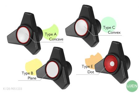 形状の異なる4つのタイプ(凹型、平面、凸型、ドット)と形状付きノブ