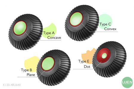 Quatre formes différentes (concave, plane, convexe et point) avec des boutons en forme.