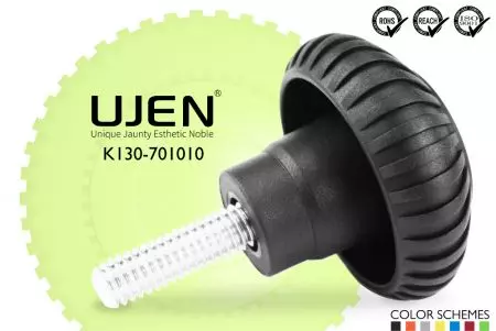 ギア形状ハンドノブネジ、M10 x 10mm、面取り端、D70 - ギアノブ M10x10mm 面取りネジ 直径70