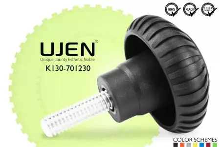 ギア形状ハンドノブスクリュー、M12 x 30mm、面取り端、D70 - ギアノブ M12x30mm 面取りスクリュー 直径70