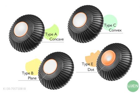 Cuatro formas diferentes (cóncava, plana, convexa y punto) con pomos moldeados