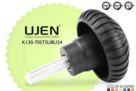 ギア形プラスチックノブ ステンレススチールボルト、1/2 x 1-1/2、D70 - ギアノブ 1/2x1-1/2 インox鋼 直径70