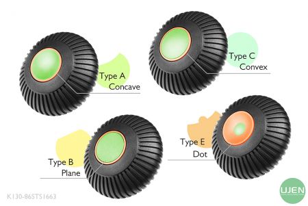 Quatre formes différentes (concave, plane, convexe et point) avec des boutons façonnés