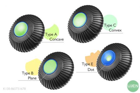Quatre formes différentes (concave, plane, convexe et point) avec des boutons façonnés
