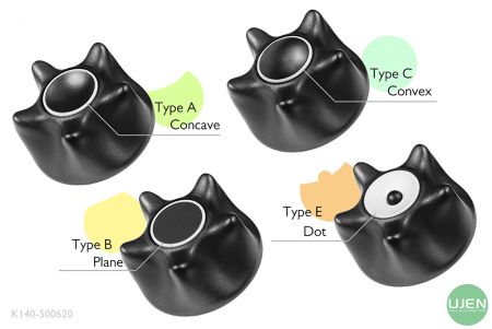 Cuatro formas diferentes (cóncava, plana, convexa y punto) con pomos moldeados