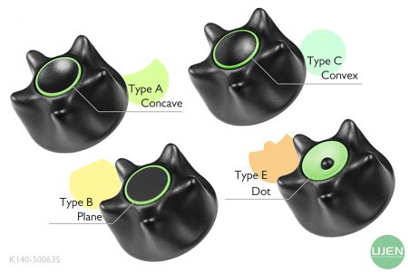 Cuatro formas diferentes (cóncava, plana, convexa y punto) con pomos moldeados
