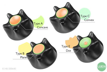 Cuatro formas diferentes (cóncava, plana, convexa y punto) con pomos moldeados