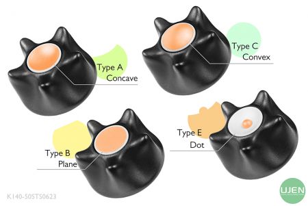 形状の異なる4つのタイプ(凹面、平面、凸面、ドット)と形状付きノブ