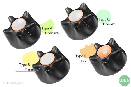形状の異なる4つのタイプ(凹面、平面、凸面、ドット)と形状付きノブ