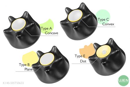 形状の異なる4つのタイプ（凹面、平面、凸面、ドット）と形状付きノブ