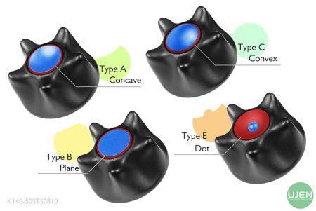 形状の異なる4つのタイプ(凹面、平面、凸面、ドット)と形状付きノブ